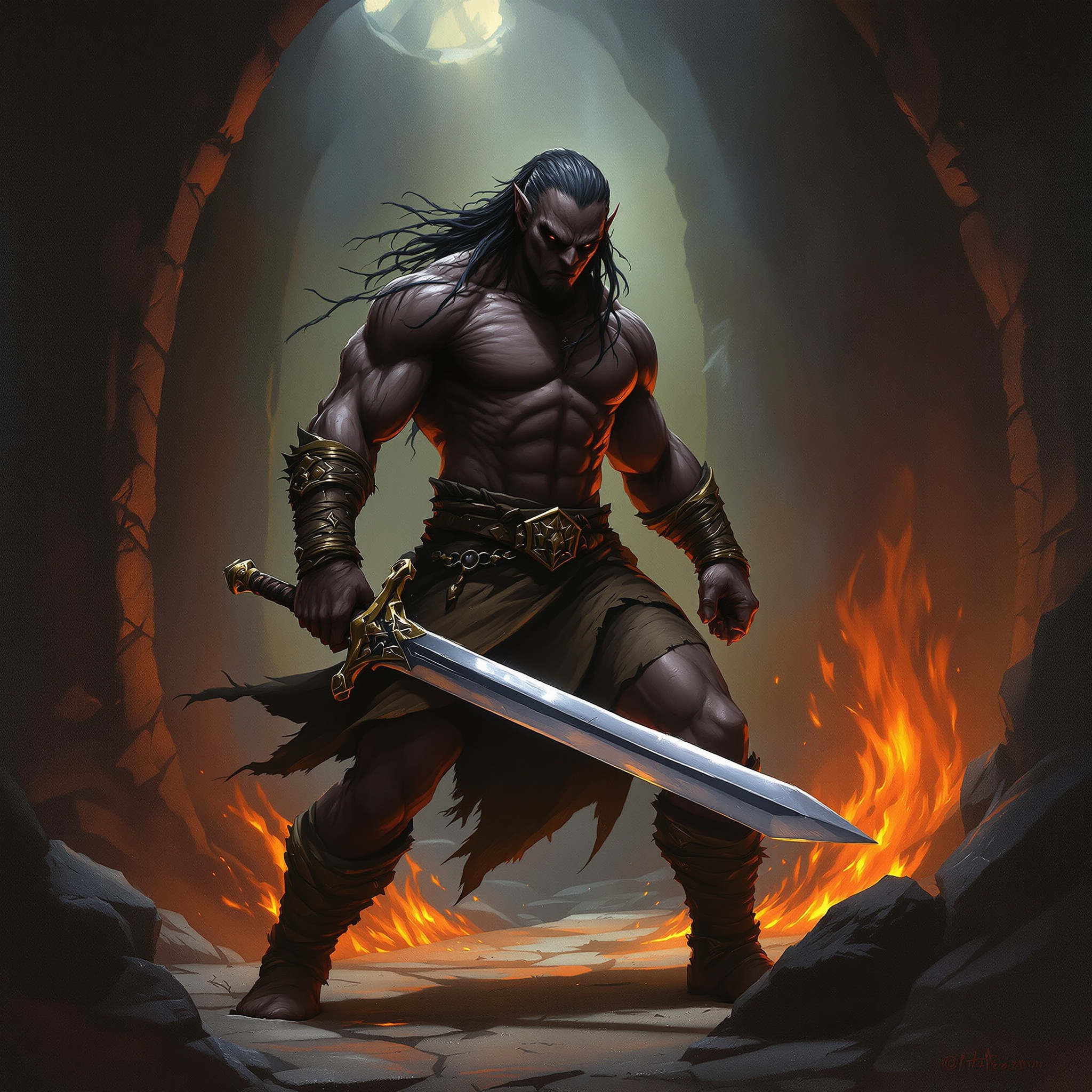 drow barbarian, wielding a greatsword, in simple clothes, in a torch-lit dungeon