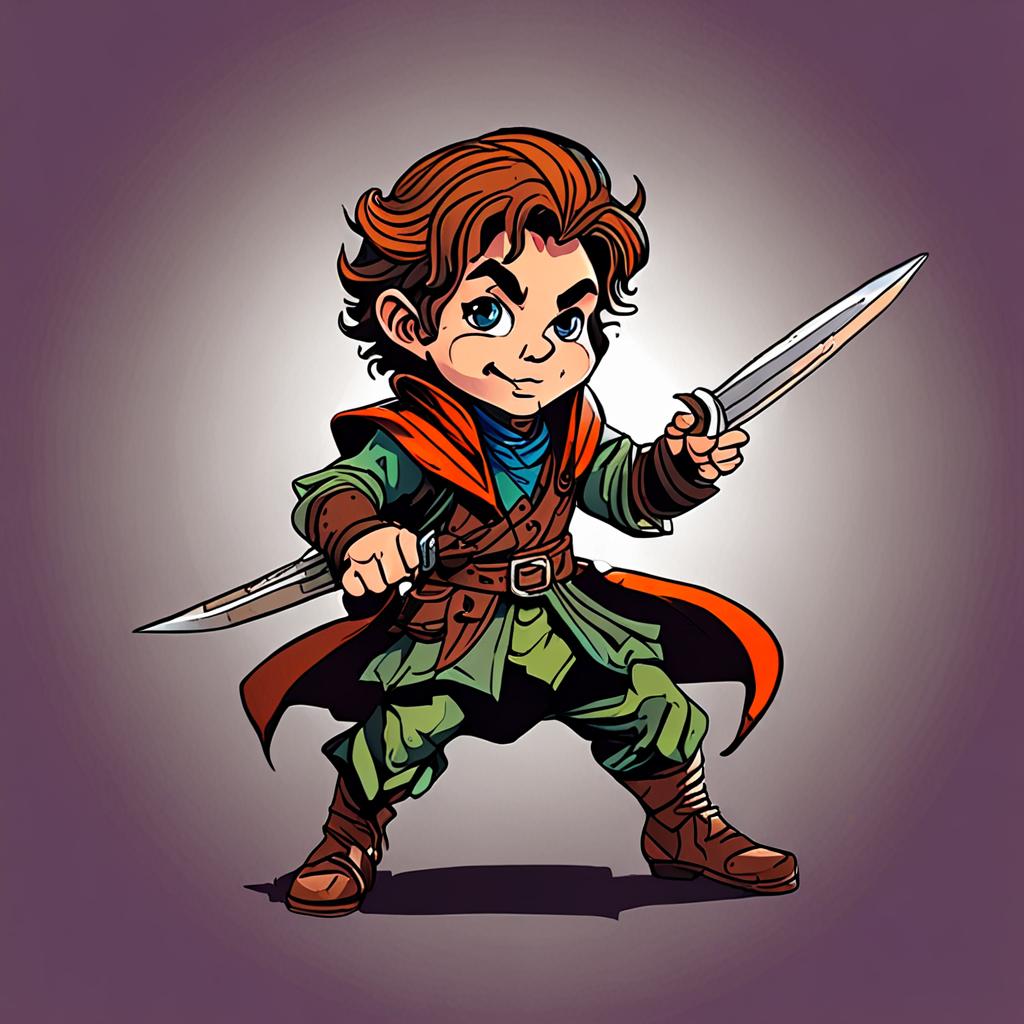 a cheeky halfling rogue twirling two daggers, 3/4 view