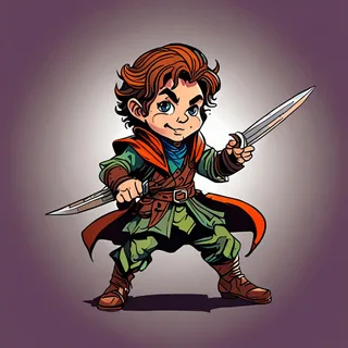 a cheeky halfling rogue twirling two daggers, 3/4 view