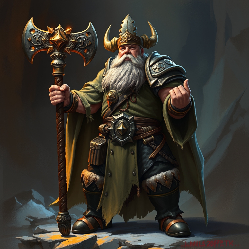 a stout dwarven cleric with a glowing warhammer, full body shot