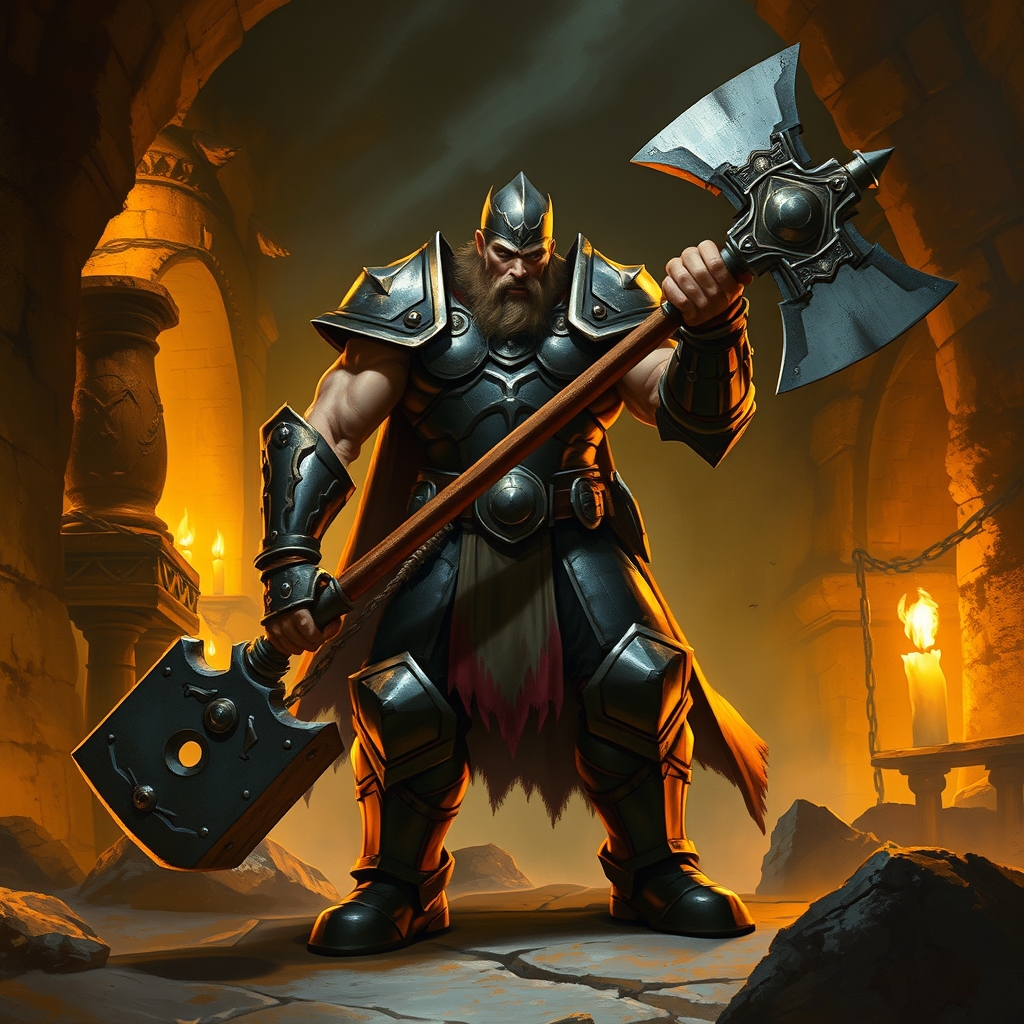 human barbarian, a muscular, powerfully-built frame, wielding a warhammer, in heavy plate armor, the armor form-fitting and tailored to the body, in a torch-lit dungeon, dramatic torchlit lighting