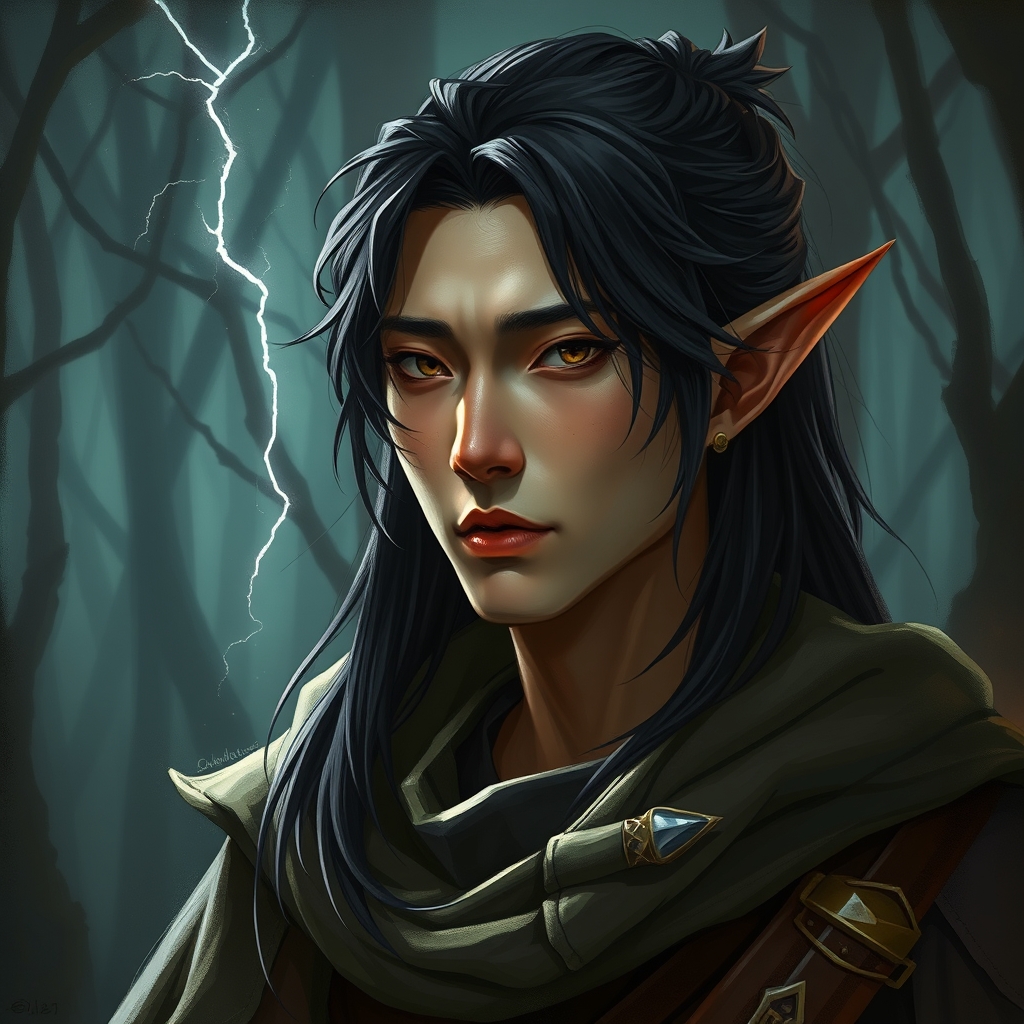 elf sorcerer, bust portrait, Male elf with asian features, dark brown hair, hazle eyes, cinematic Lightning, detailed.  Painterly rendering background of a forest  dark fantasy neón ilustración