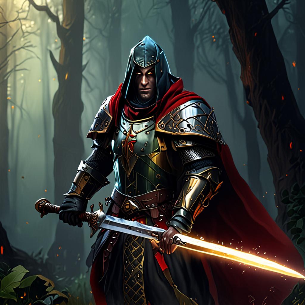 hexblood cleric, bust portrait, wielding a longsword, in heavy plate armor, in a deep misty forest, bright heroic lighting, stes