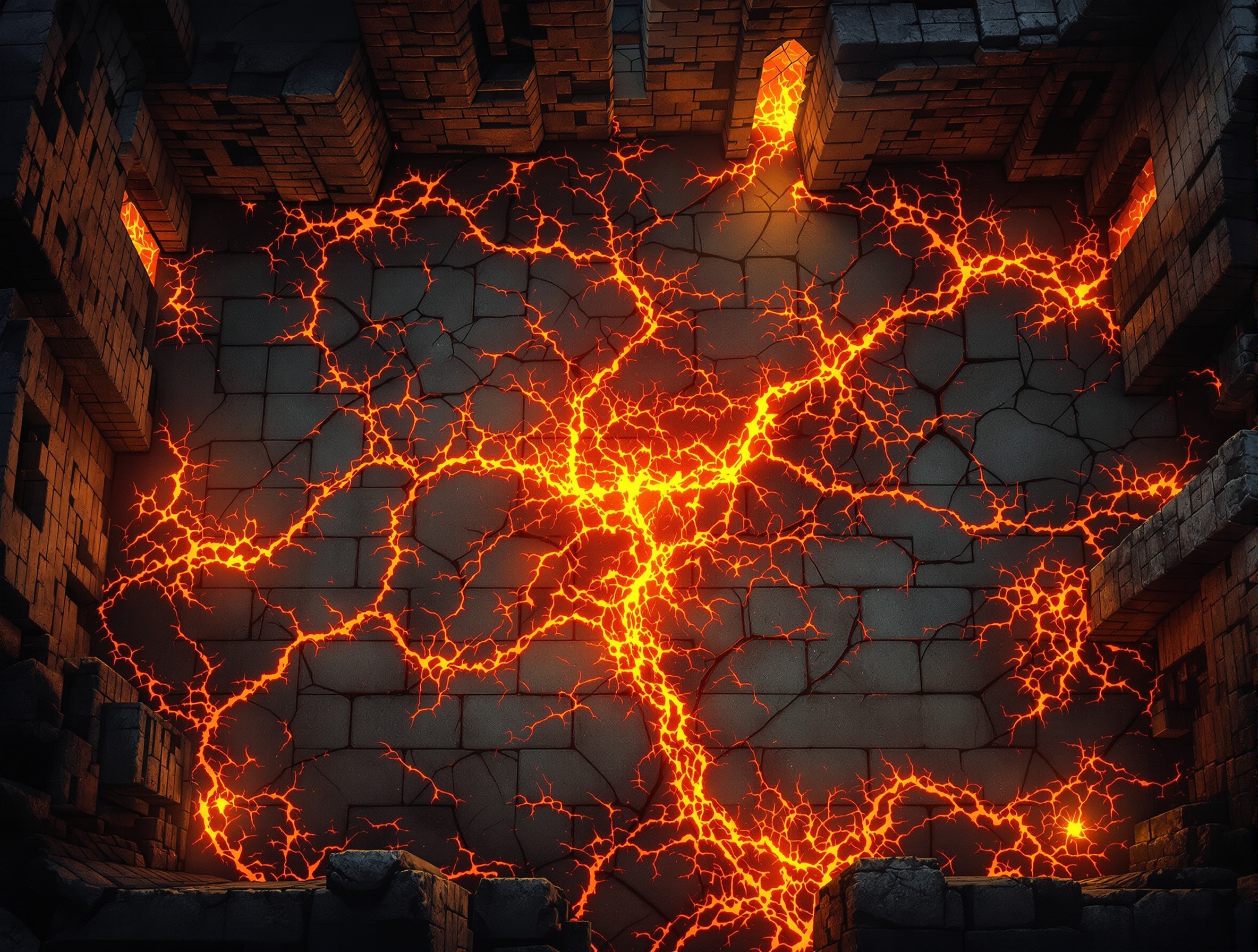 a castle floor, with flows of lava
