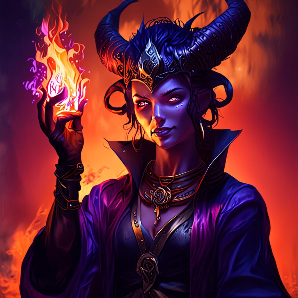 a tiefling warlock wreathed in violet flame