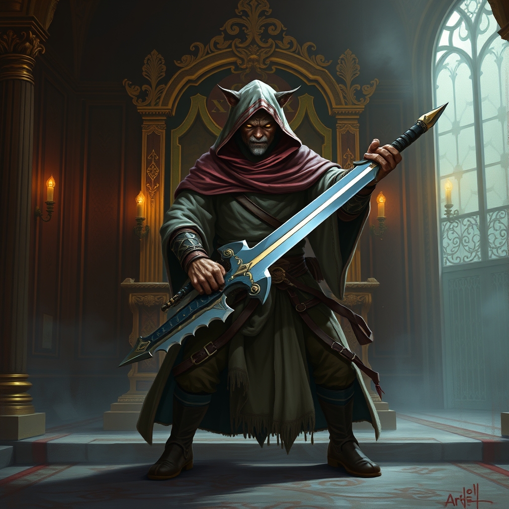 tabaxi monk, full body shot, wielding a greatsword, in a hooded cloak, in an ornate throne room, dark and moody atmosphere