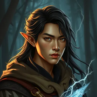 elf sorcerer, bust portrait, Male elf with asian features, dark brown…