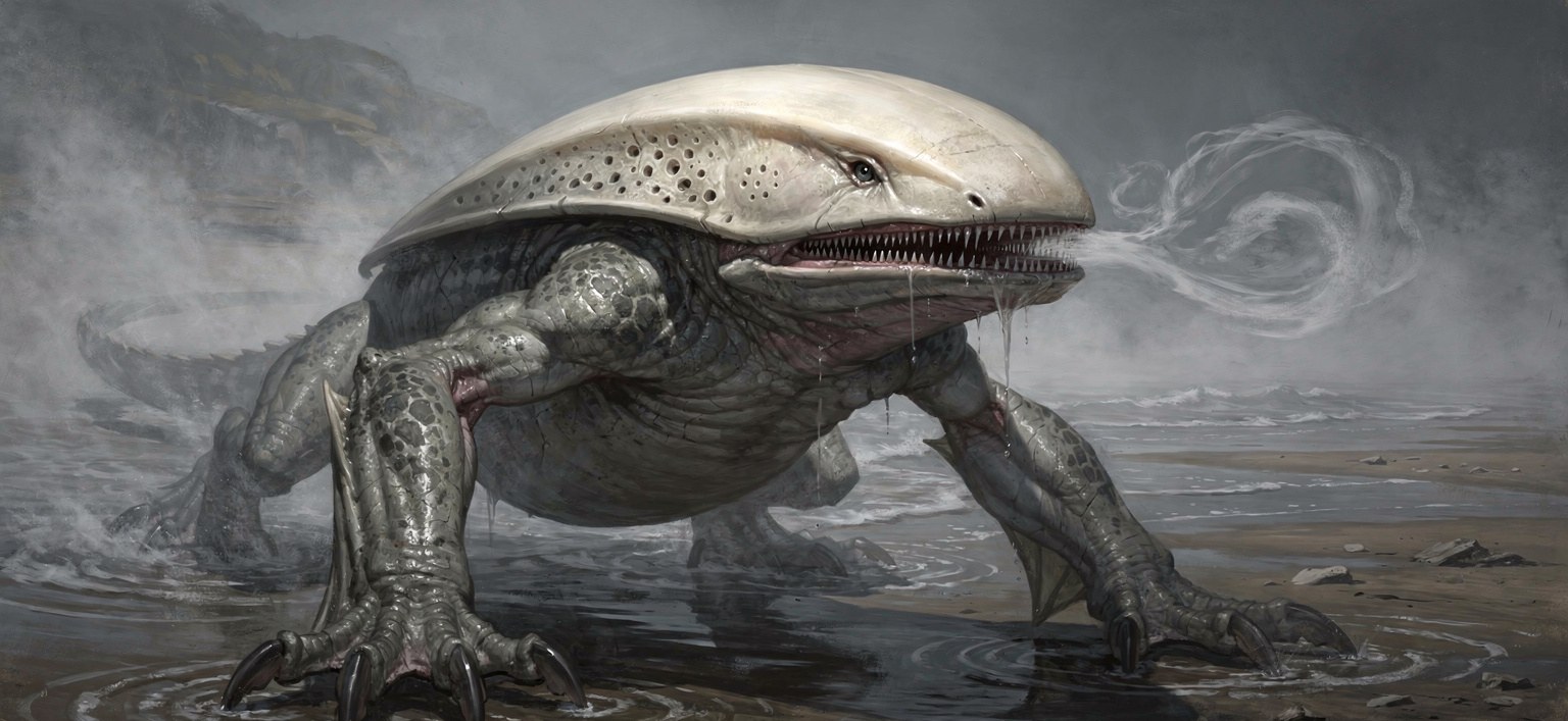 An amphibious predator emerging from thick coastal fog over shallow water, its entire skull sheathed in one solid unbroken plate of smooth pale bone that runs straight from the jaws over the top of the head like a helmet with no openings, the bone plate pitted with small breathing holes, a wide lamprey mouth of needle teeth below it, long clawed forelimbs, grey-green hide, the fog visibly curling toward it as if drawn in