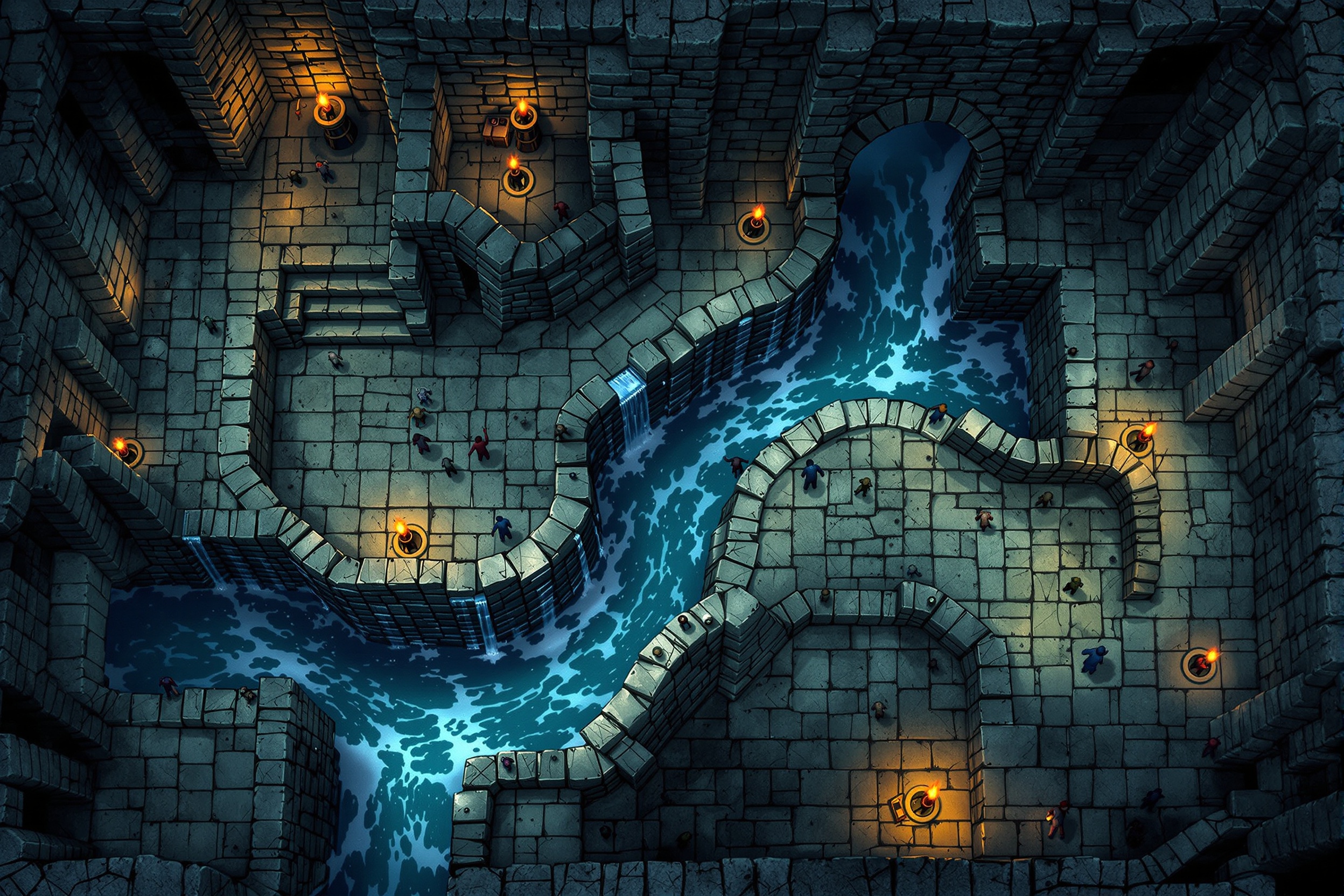 a stone dungeon, with a river of water