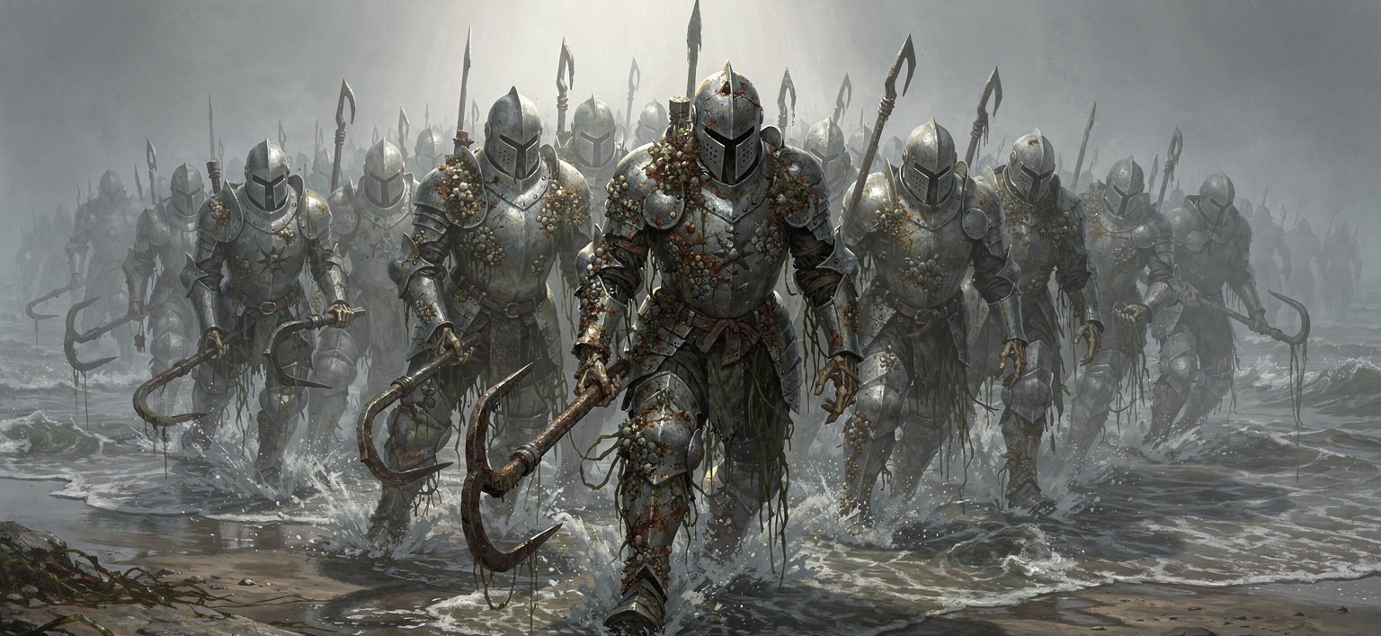 A dense formation of barnacle-crusted suits of armour animated and wading out of shallow grey surf at low tide, empty visors and skeletal hands gripping rusted boarding hooks, seaweed trailing from the pauldrons, rank upon rank stretching back into the sea mist, painted as one advancing mass rather than individuals