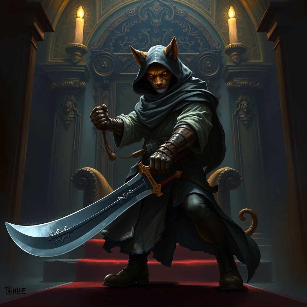 tabaxi monk, full body shot, wielding a greatsword, in a hooded cloak, in an ornate throne room, dark and moody atmosphere