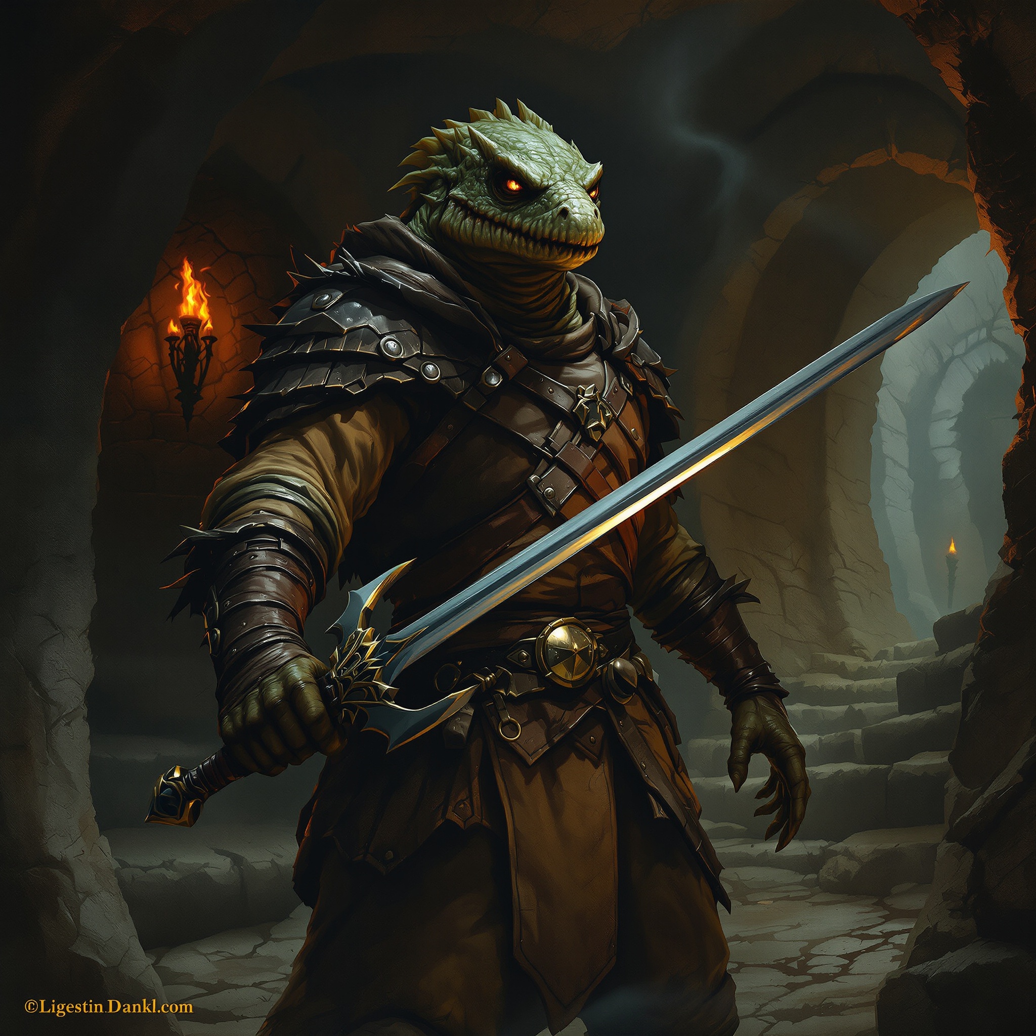 lizardfolk bard, wielding a rapier, in leather armor, in a torch-lit dungeon, dark and moody atmosphere