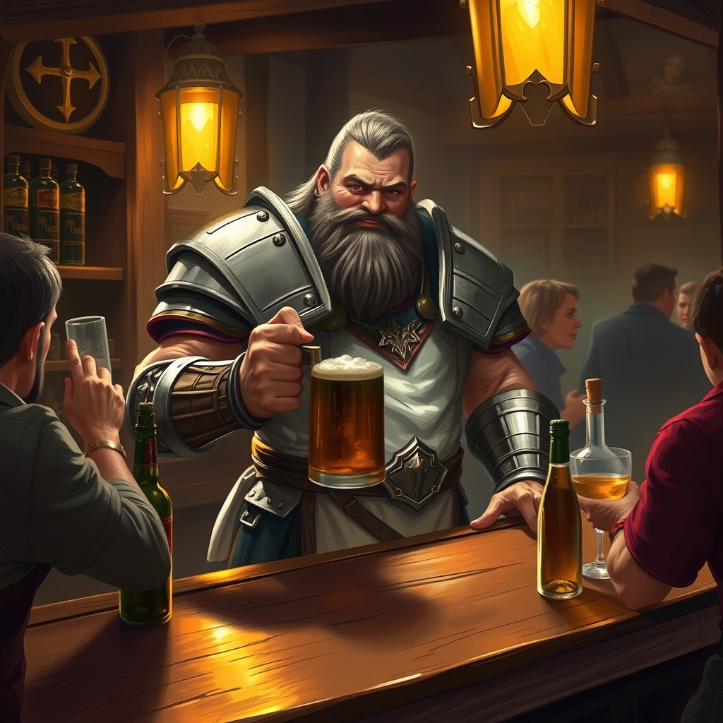 Create a goliath paladin bartender in a bar setting.