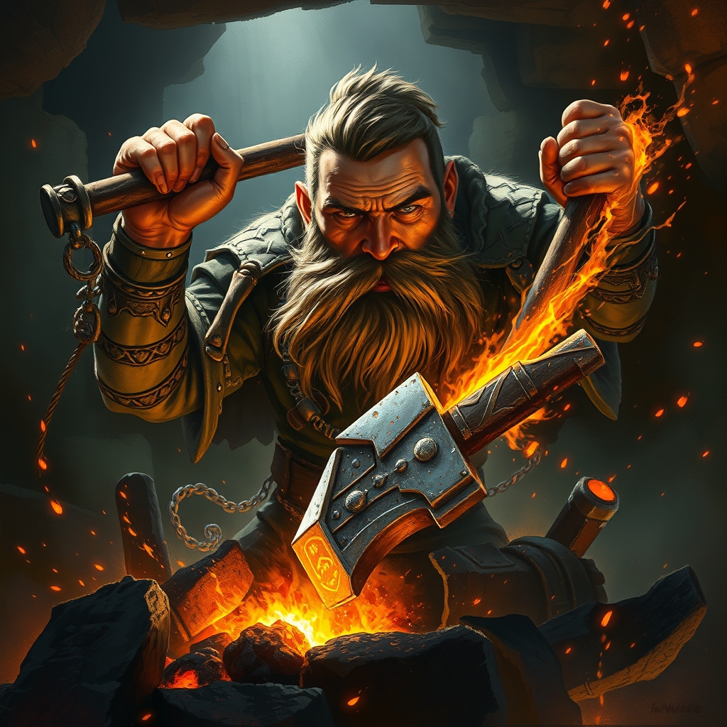 a weathered dwarven runesmith forging a glowing axe, sparks and emberlight, deep forge shadows