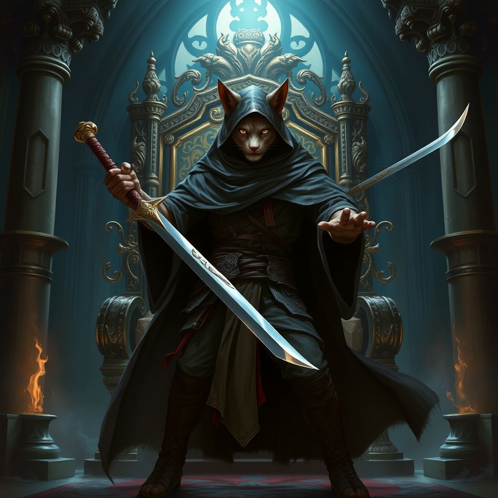 tabaxi monk, full body shot, wielding a greatsword, in a hooded cloak, in an ornate throne room, dark and moody atmosphere
