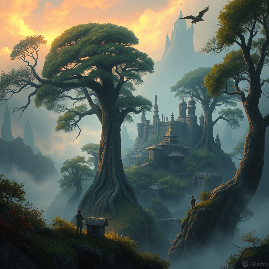 a misty elven city built in giant treetops at dawn