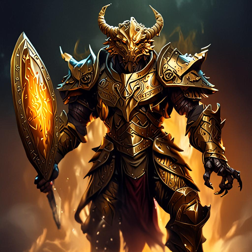 a golden dragonborn paladin raising a radiant shield, full body shot