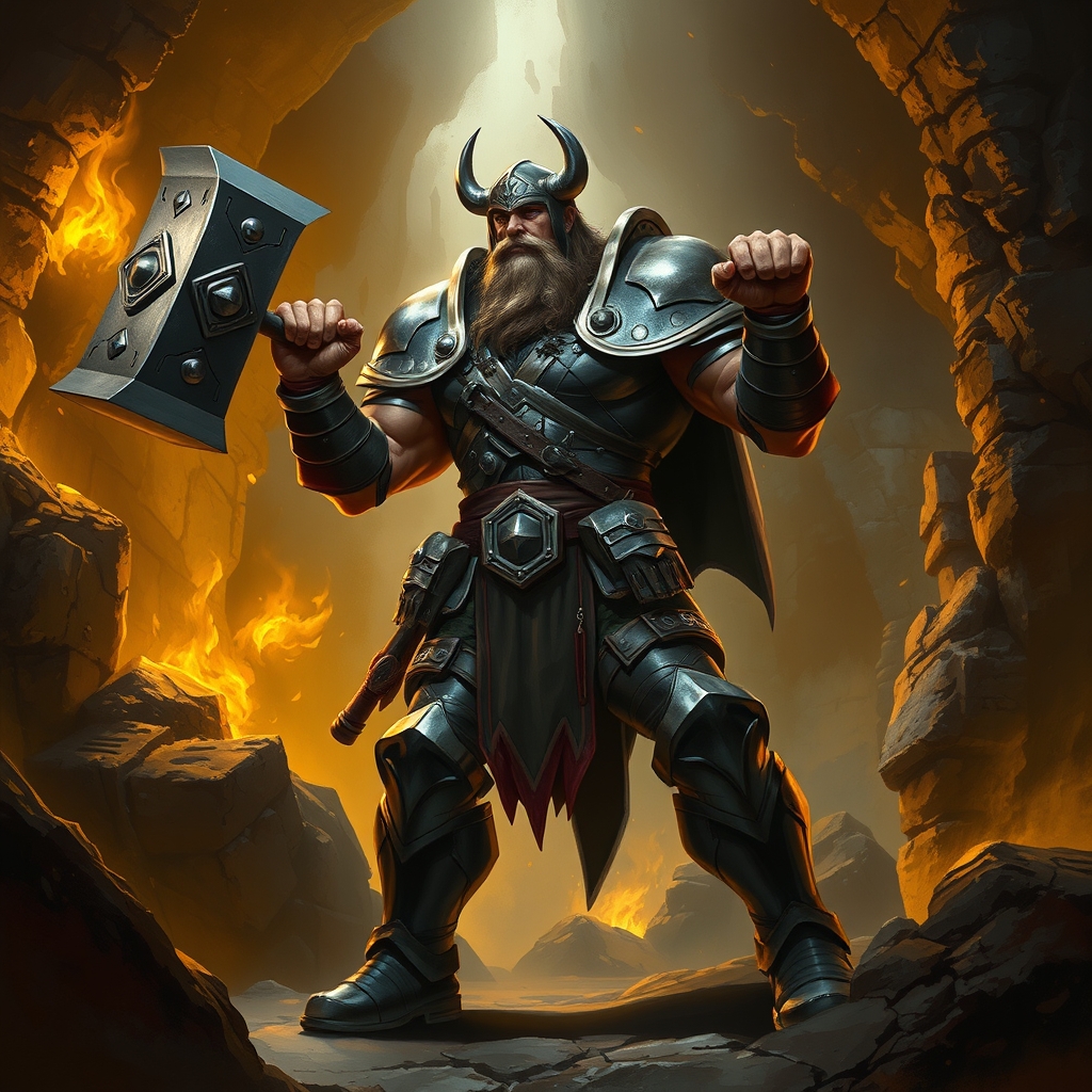human barbarian, a muscular, powerfully-built frame, wielding a warhammer, in heavy plate armor, the armor form-fitting and tailored to the body, in a torch-lit dungeon, dramatic torchlit lighting