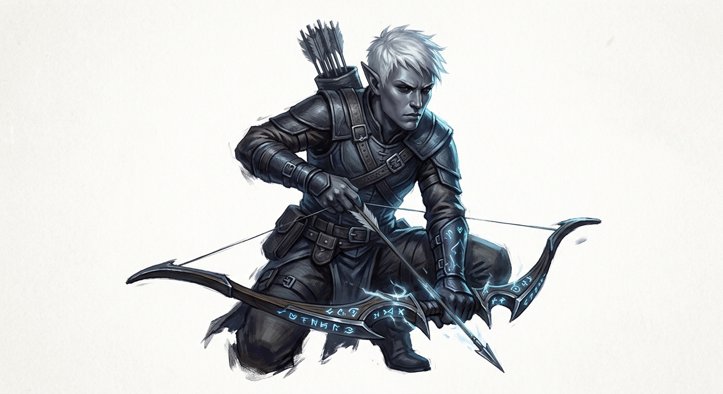Create a gray-skinned elf with white short hair. He is a Rogue Assassin expert using the bow an arrow. He currently has a darken tech magic long bow.