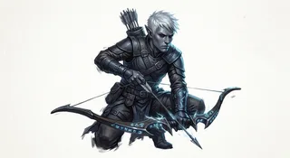 Create a gray-skinned elf with white short hair. He is a Rogue Assassin expert using the bow an arrow. He currently has 