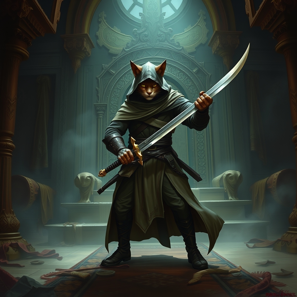 tabaxi monk, full body shot, wielding a greatsword, in a hooded cloak, in an ornate throne room, dark and moody atmosphere
