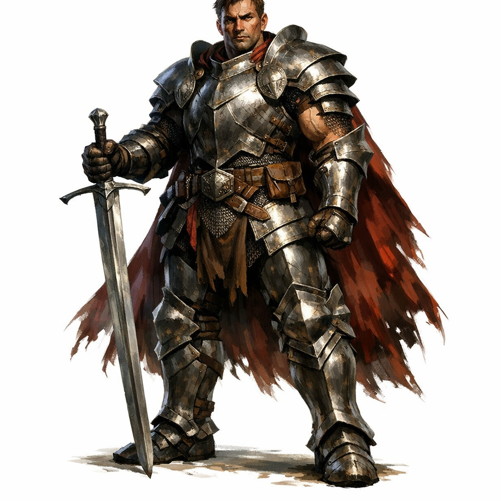human fighter, a muscular, powerfully-built frame, full body shot, wielding a longsword, in heavy plate armor