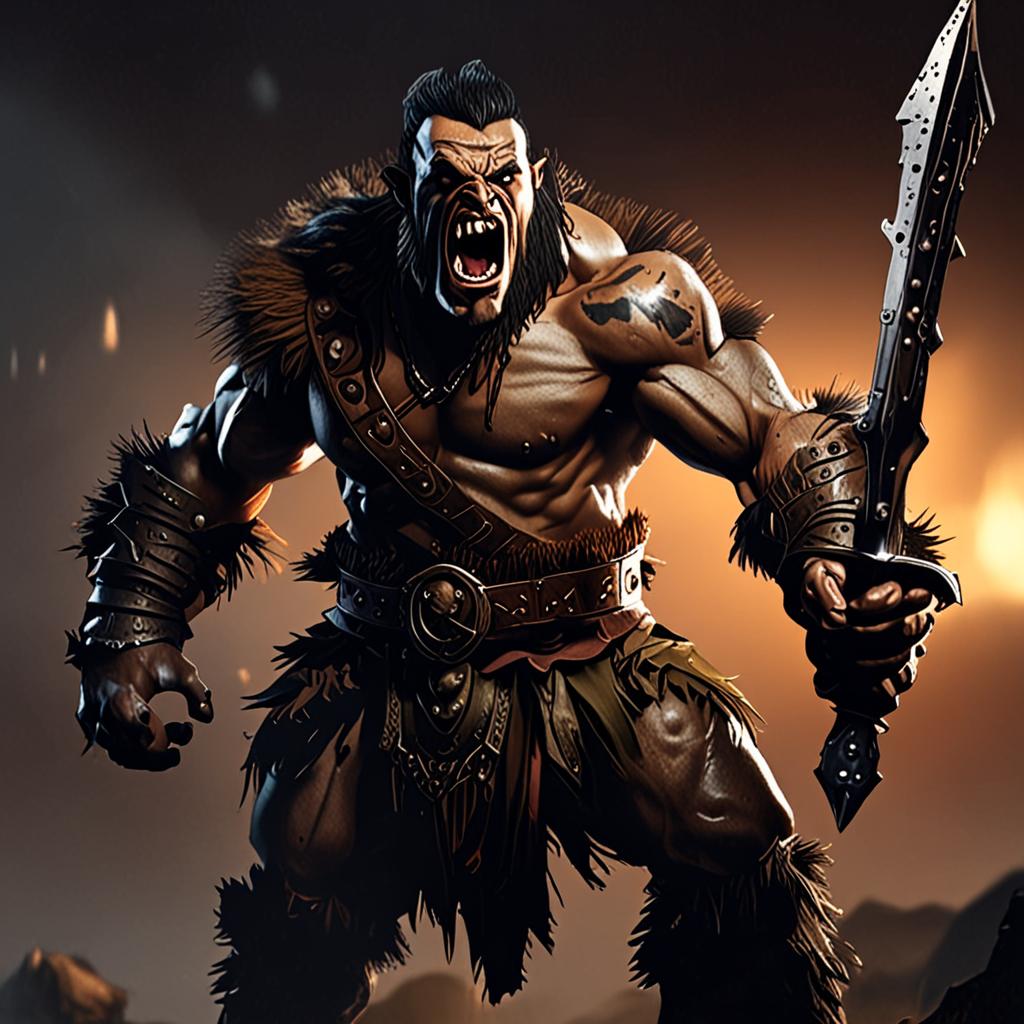 a scarred half-orc barbarian roaring mid-battle, full body shot