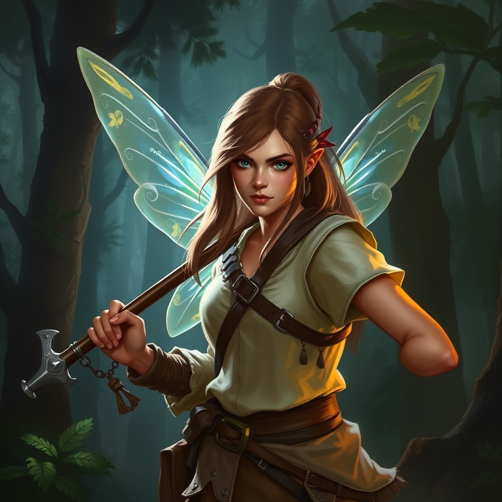 fairy barbarian, bust portrait, wielding a mace, in simple clothes, in a deep misty forest, bright heroic lighting