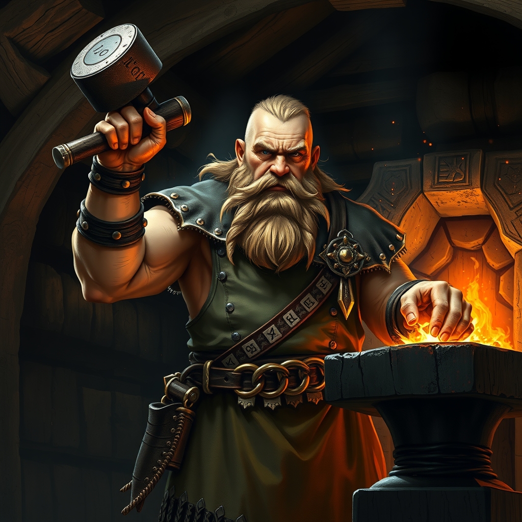 a stoic dwarven runesmith at a glowing forge, sparks in the air