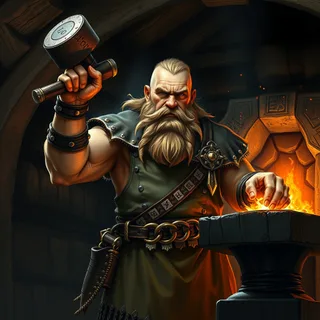 a stoic dwarven runesmith at a glowing forge, sparks in the air
