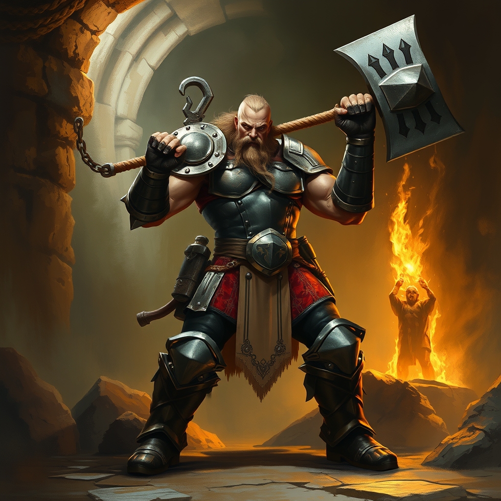 human barbarian, a muscular, powerfully-built frame, wielding a warhammer, in heavy plate armor, the armor form-fitting and tailored to the body, in a torch-lit dungeon, dramatic torchlit lighting