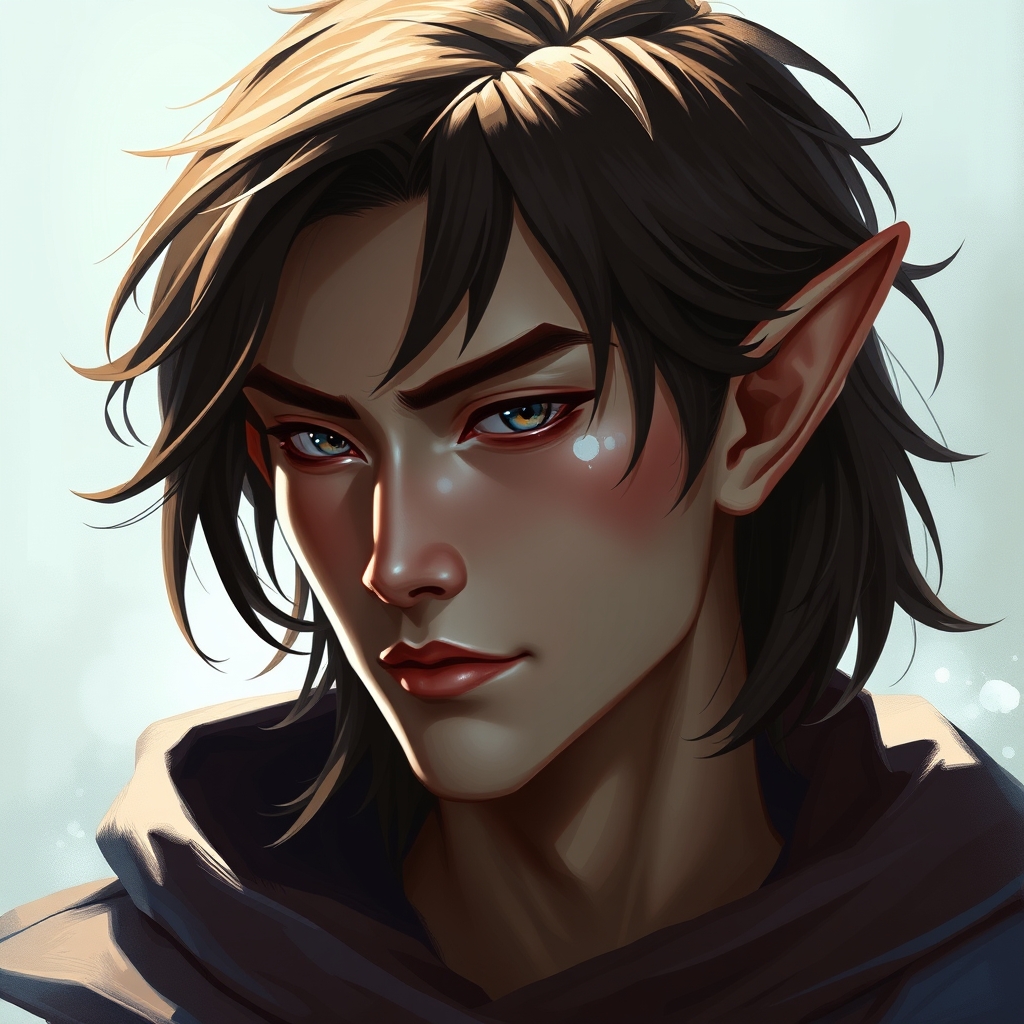 elf sorcerer, bust portrait, A stylized digital painting oh a Male elf with asian features, dark brown hair, hazle eyes, Dungeons and dragon art style, cinematic Lightning, detailed.  Painterly rendering