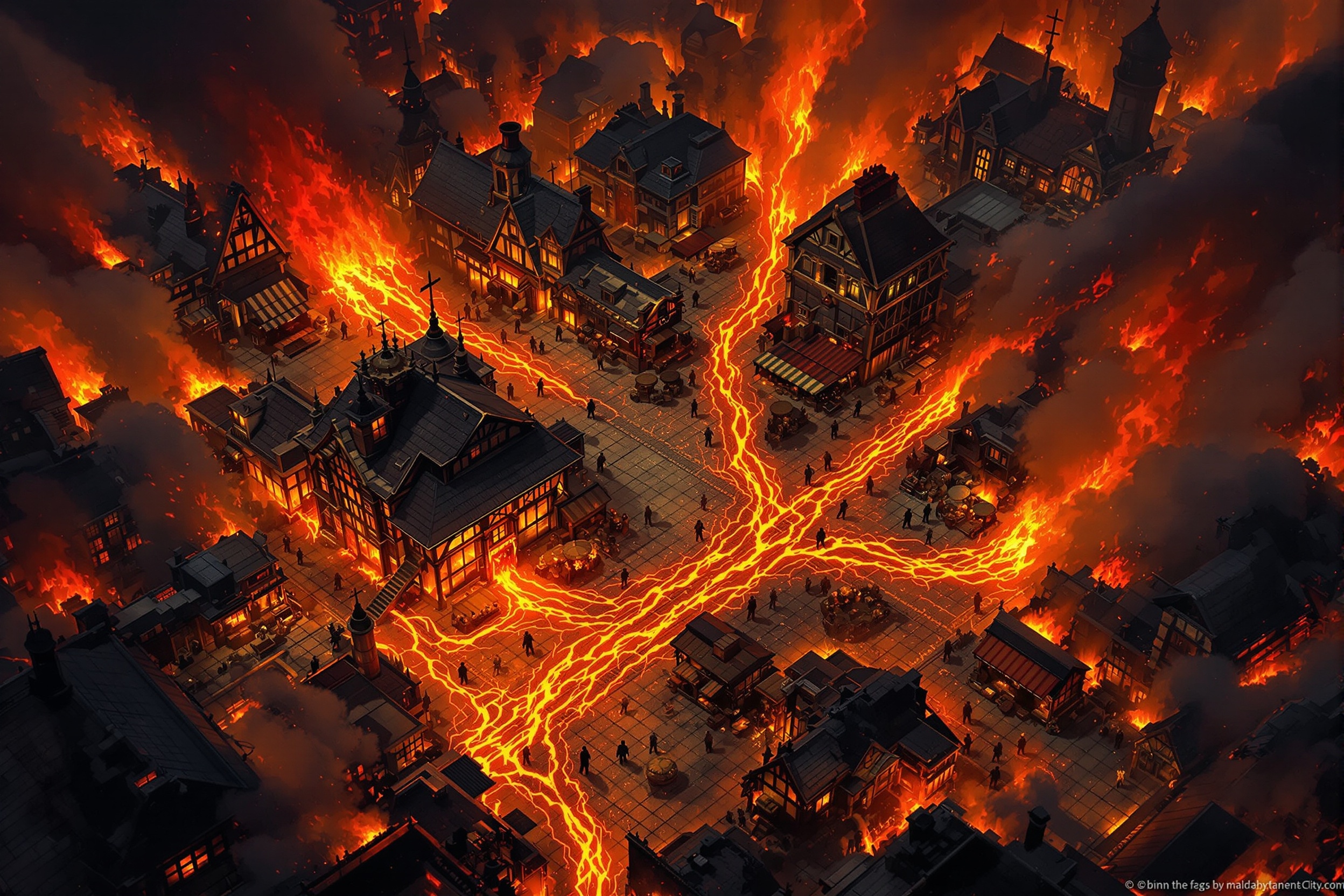 a town district, with flows of lava