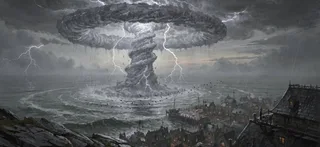 A colossal elemental made of stacked turning storm clouds and forked lightning, a slow rotating crown of thunderhead spi