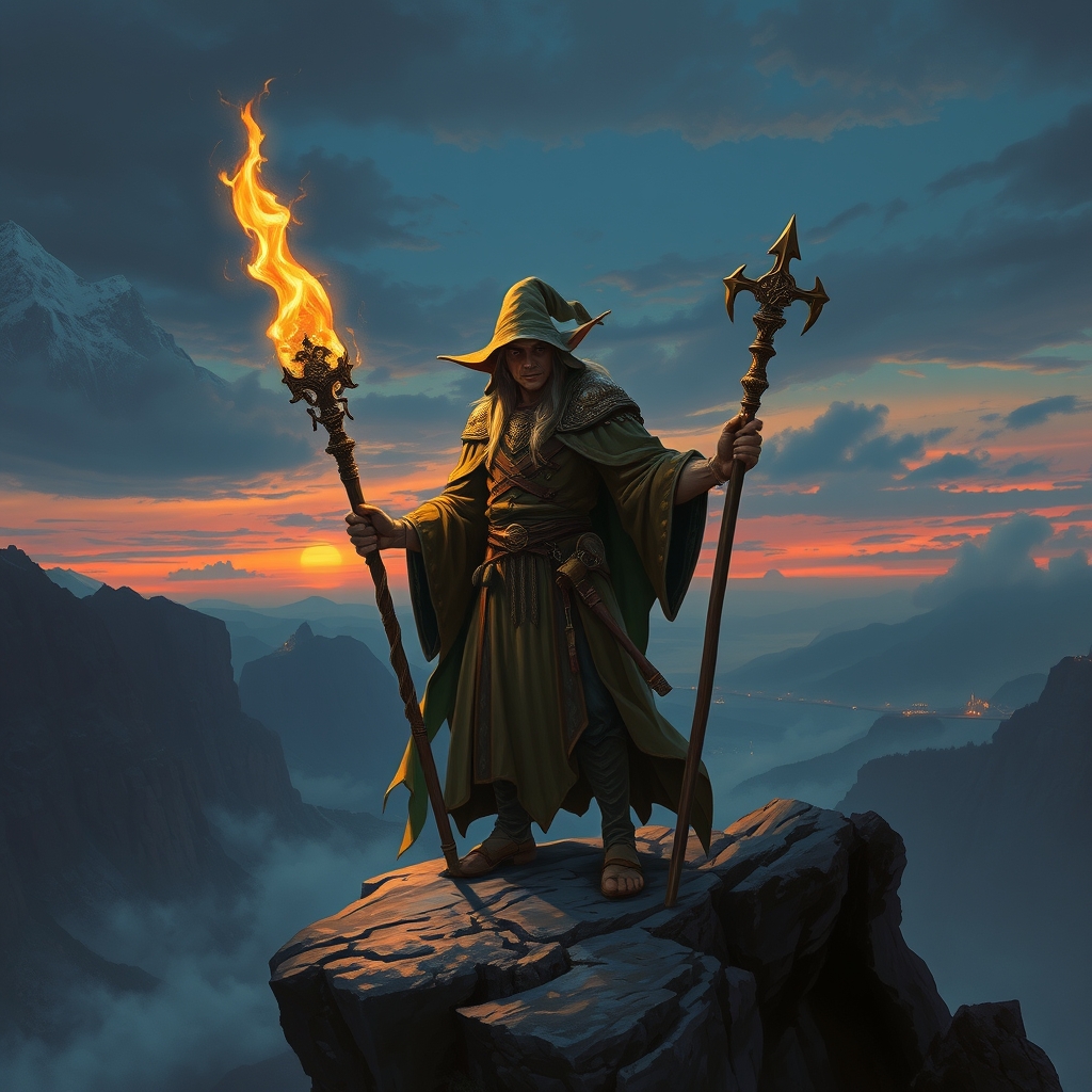 full body shot, an elf wizard with a glowing staff on a cliff at dusk