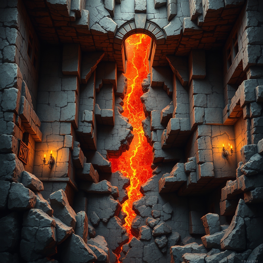 a ruined dungeon battle map with a lava chasm