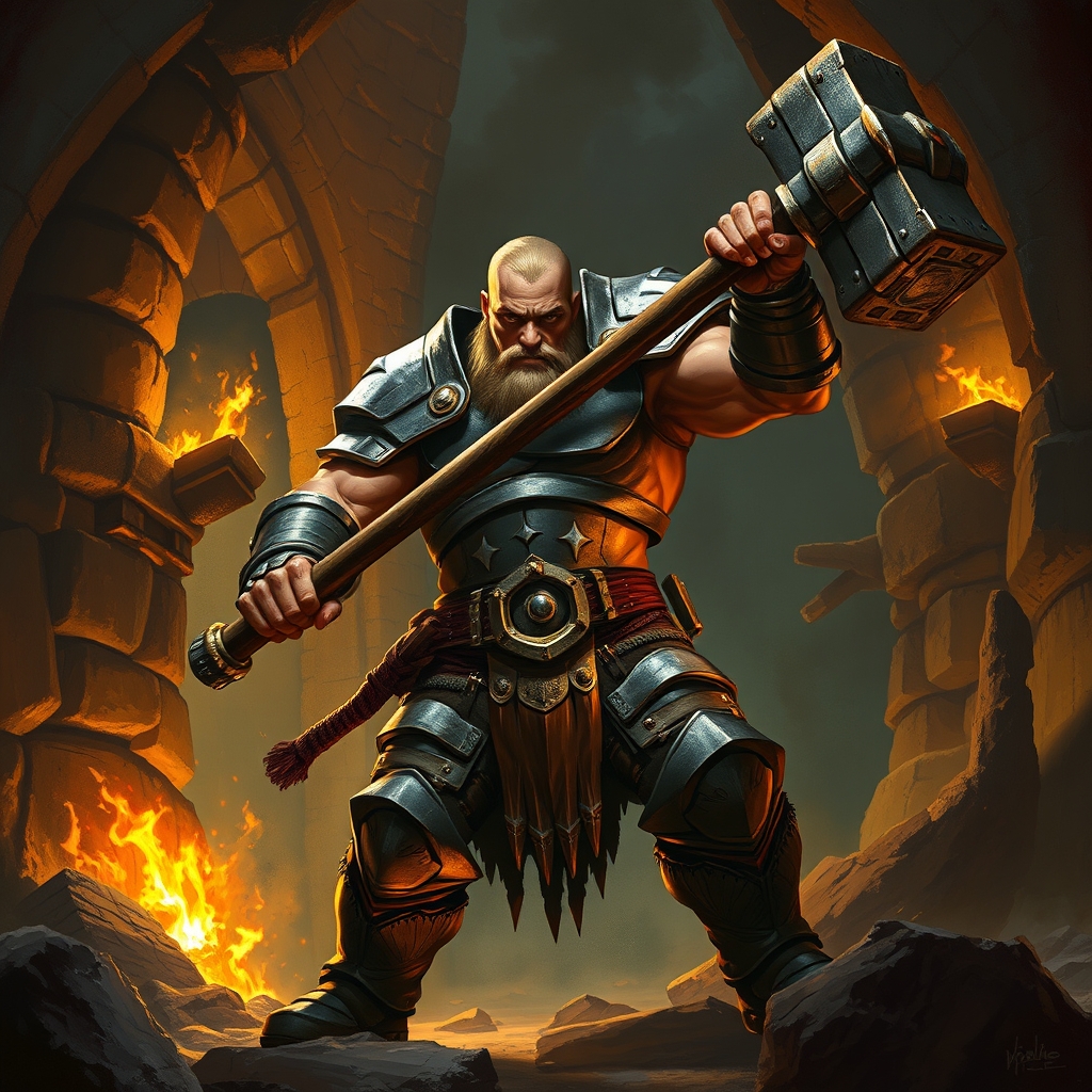human barbarian, a muscular, powerfully-built frame, wielding a warhammer, in heavy plate armor, the armor form-fitting and tailored to the body, in a torch-lit dungeon, dramatic torchlit lighting