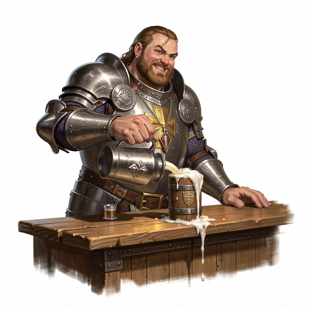 Create a goliath paladin bartender in a bar setting.