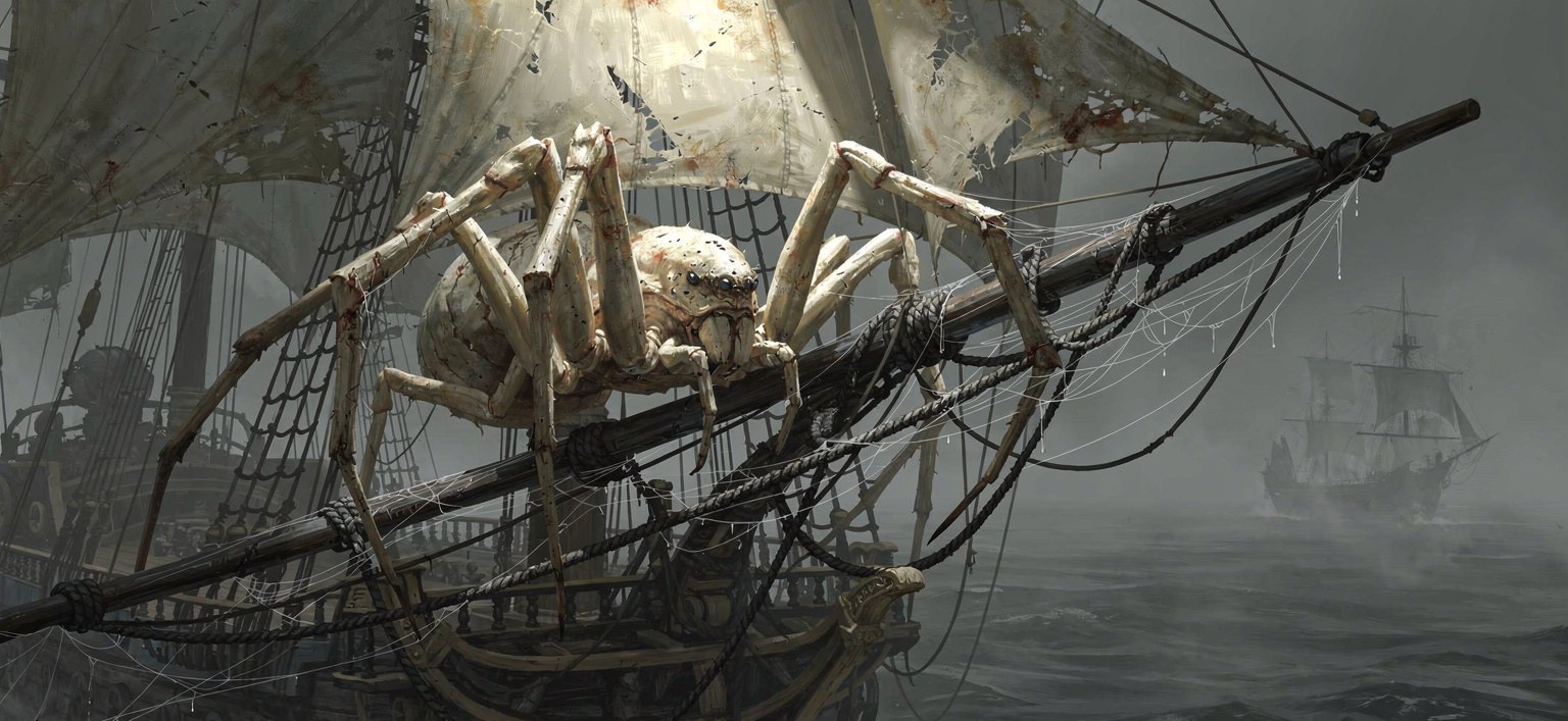 An enormous pale spider crouched high in the tarred rigging of a becalmed ship, long angular legs braced across the ropes, abdomen marked like weathered sailcloth, thick web strung between the shrouds, sea fog below