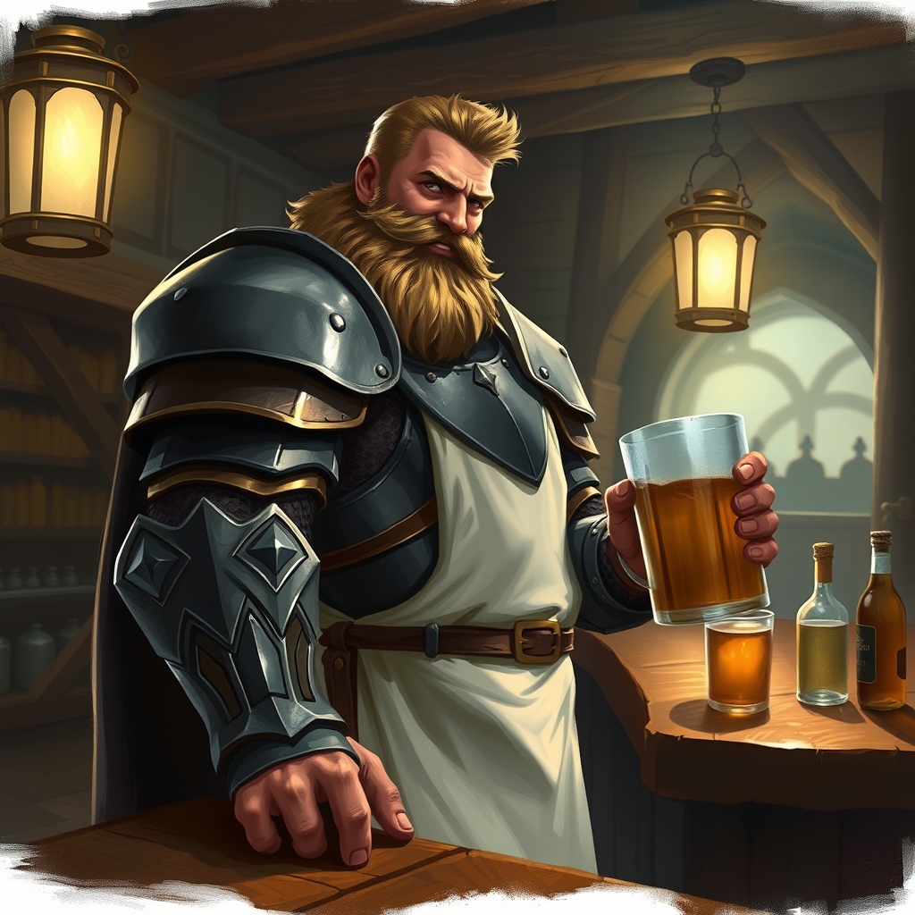 Create a goliath paladin bartender in a bar setting.