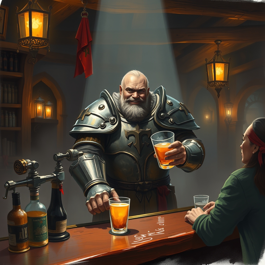 Create a goliath paladin bartender in a bar setting.