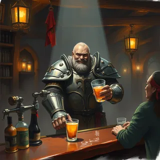 Create a goliath paladin bartender in a bar setting.