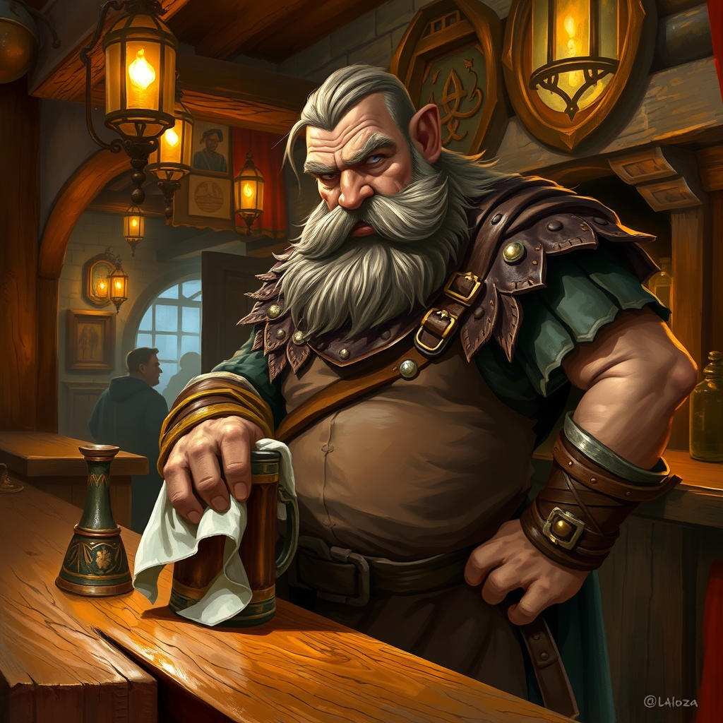 Dwarf, Grimgold Ironfist, Tavern Keeper, Gravelly