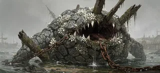 A low broad mound of fused grey ballast stones and dense white barnacle crust rising from shallow harbour water, a wide 
