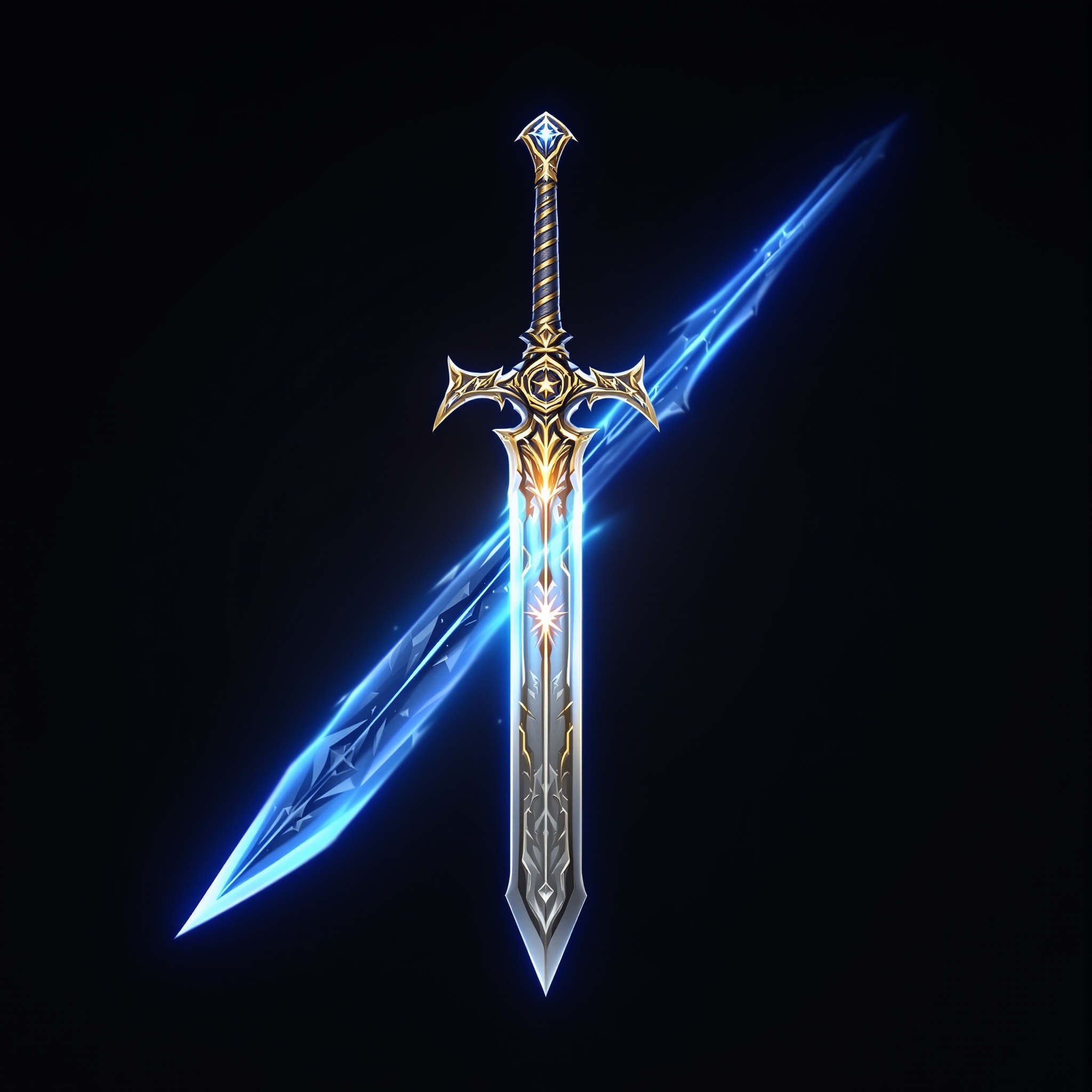 a glowing enchanted longsword with an ornate gold hilt