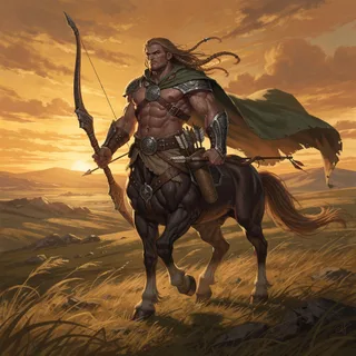 centaur, depicted as a true centaur: an equine body on four horse legs joined to a humanoid torso and head, a muscular, 