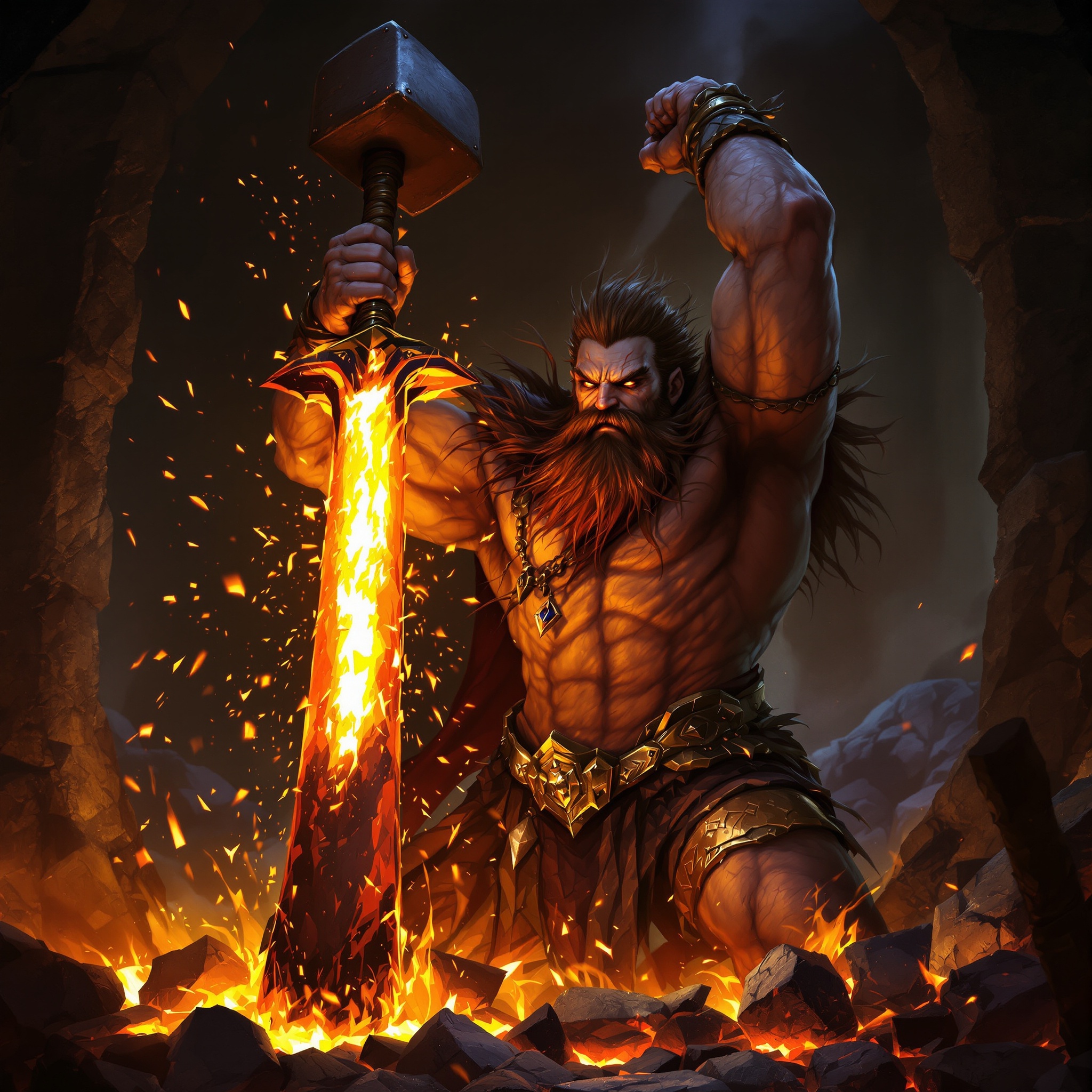 a stoic dwarven runesmith forging a glowing blade, sparks flying, deep forge light