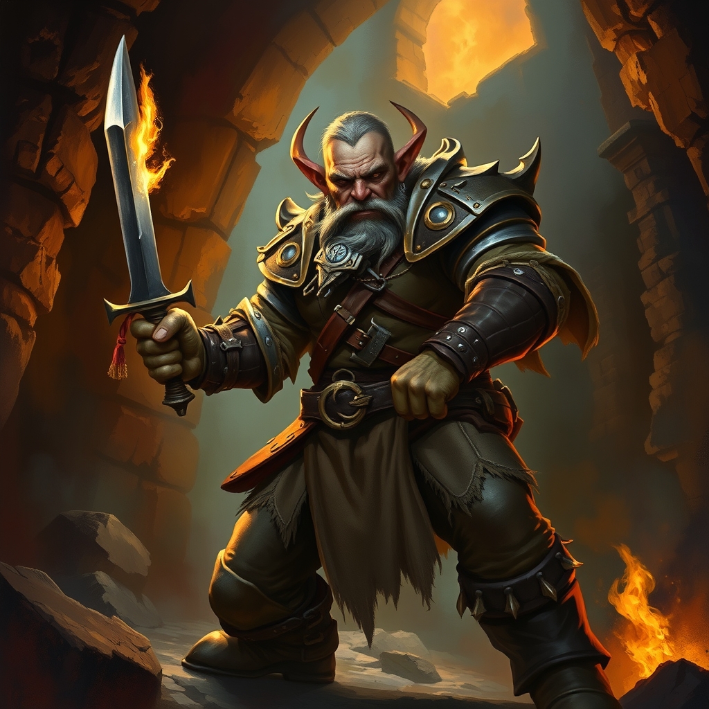 orc rogue, dynamic action pose, holding a dagger, in leather armor, in a torch-lit dungeon, dramatic torchlit lighting