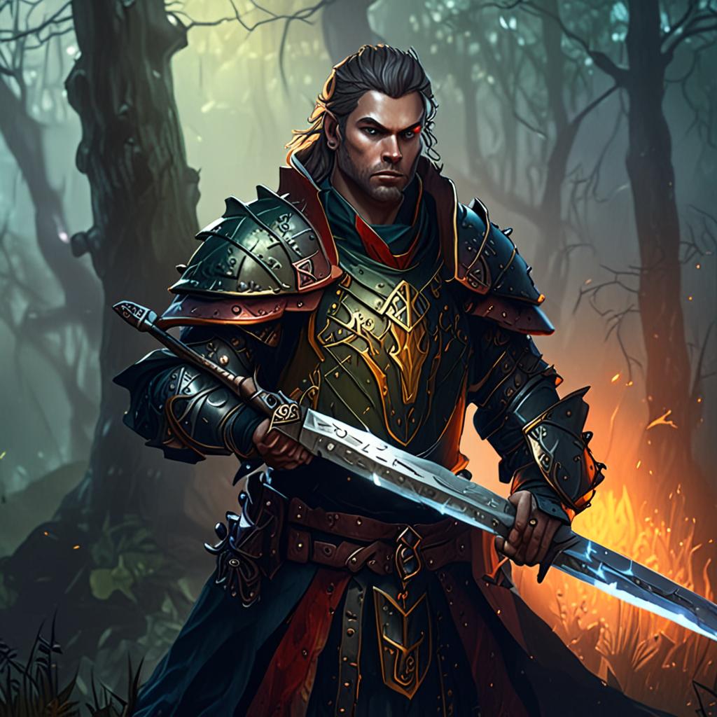 hexblood cleric, bust portrait, wielding a longsword, in heavy plate armor, in a deep misty forest, bright heroic lighting, stes