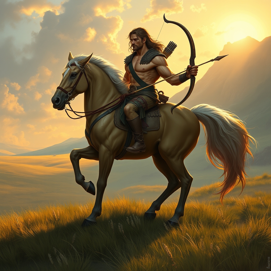centaur, depicted as a true centaur: an equine body on four horse legs joined to a humanoid torso and head, a muscular, powerfully-built frame, a centaur ranger with a longbow on windswept grassland plains at golden hour